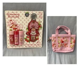 NEW Set of Strawberry Shortcake - 3 Flavored Lip Balms & Keychain & Mini Zip Bag